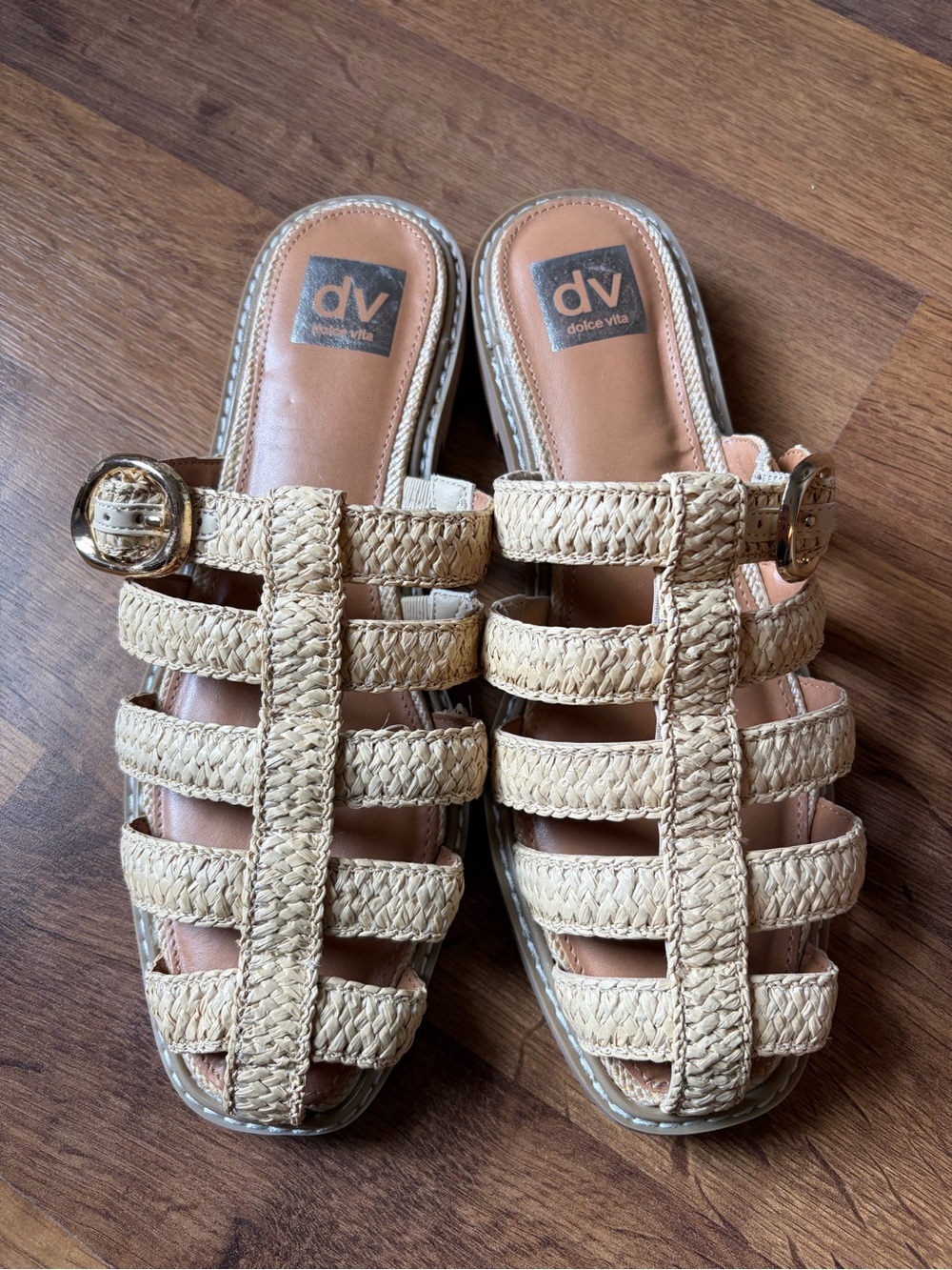 Dolce Vita Natural Braided Slide Mules with Gold Buckle